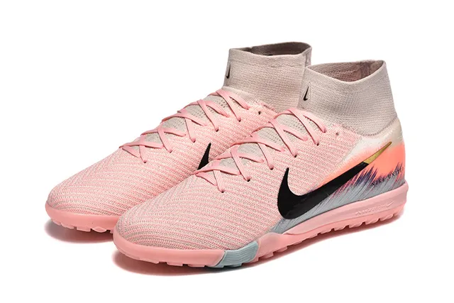 Nike Sapatos de futebol rosa e preto, com parte superior em malha sock-fit, high-top ankle collar, para turf 8