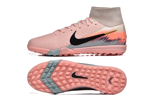 Nike Sapatos de futebol rosa e preto, com parte superior em malha sock-fit, high-top ankle collar, para turf 9