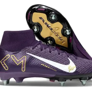 Nike Tênis de futebol roxo e dourado corte alto ajuste meias parte superior malha texturizada sintética superfície firme