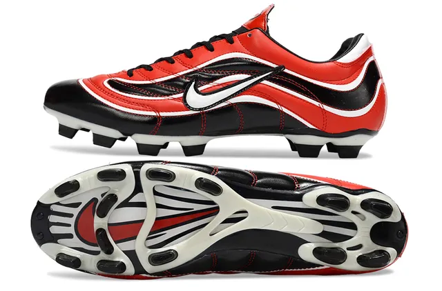 Nike Rojo Negro Patrón de Onda Cubiertas Sintéticas Bajo Corte Cordones Silueta Tierra Firme Zapatos de Fútbol 5