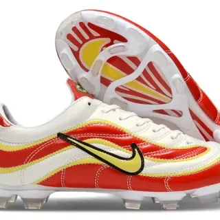 Nike Vermelho Amarelo Low-Cut Synthetic Wave Overlays Firm-Ground Sapatos de Futebol