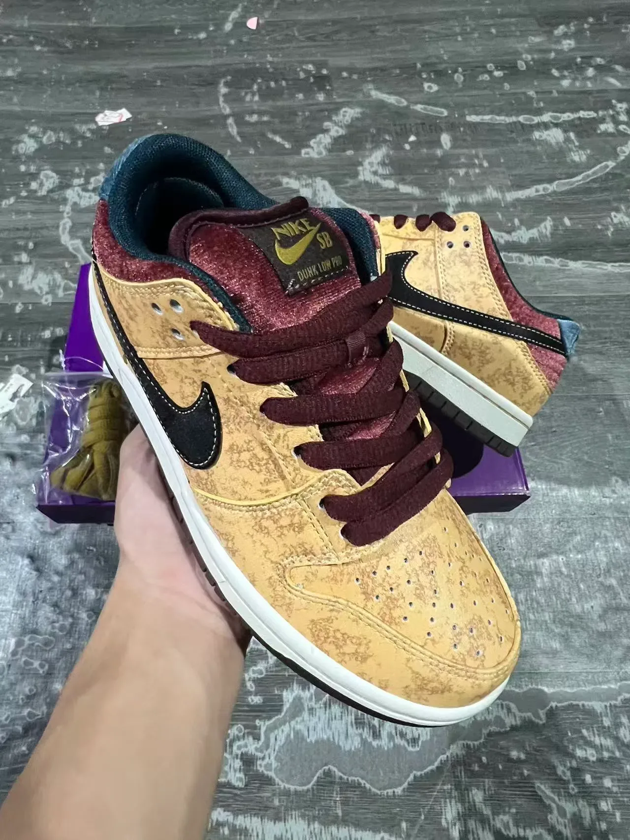 Nike SB Dunk Low Mustard Textured Upper Burgundy Accents Skateboard Shoes 2