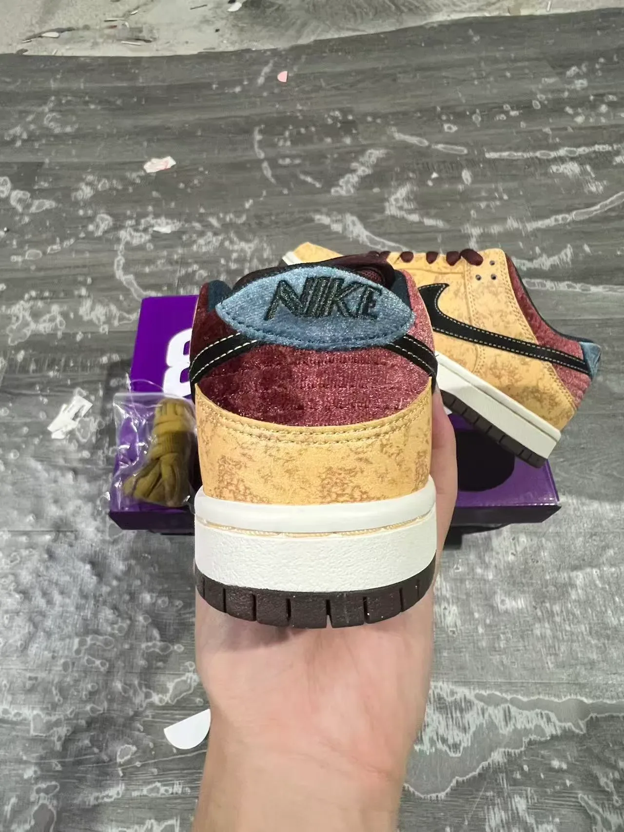 Nike SB Dunk Low Mustard Textured Upper Burgundy Accents Skateboard Shoes 8