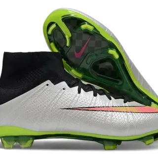Nike Vert Argent Coupe Haute Collet Chaussure Tige texturée synthétique Sol Ferme Chaussures de Football