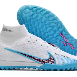 Nike Sapatos de futebol turf branco e azul high-cut com upper de malha estilo meias colar de tornozelo