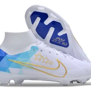 Nike Blanc Bleu Col de Chaussette à Coupe Haute Impression Géométrique Chaussures de Football Terrain Firme