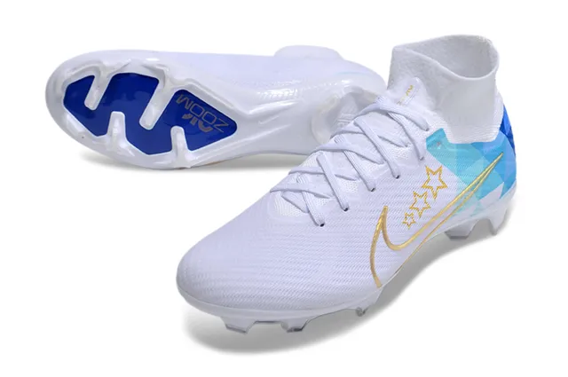 Nike Blanc Bleu Col de Chaussette à Coupe Haute Impression Géométrique Chaussures de Football Terrain Firme 3