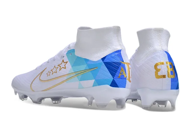 Nike Blanc Bleu Col de Chaussette à Coupe Haute Impression Géométrique Chaussures de Football Terrain Firme 4