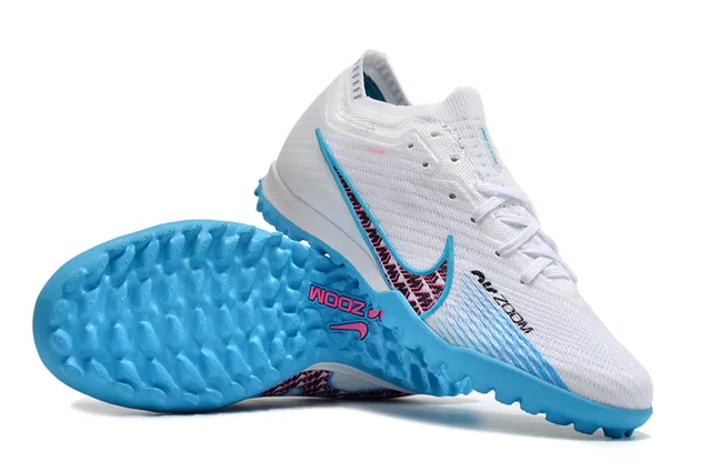 Nike Tênis de futebol turf com upper de tricô branco e azul, colar de ajuste dinâmico 2