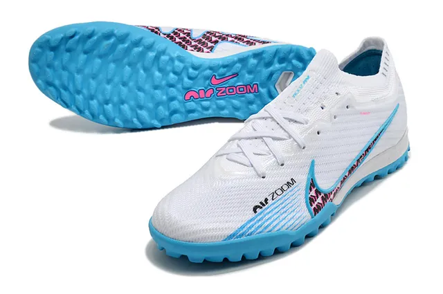 Nike Tênis de futebol turf com upper de tricô branco e azul, colar de ajuste dinâmico 3