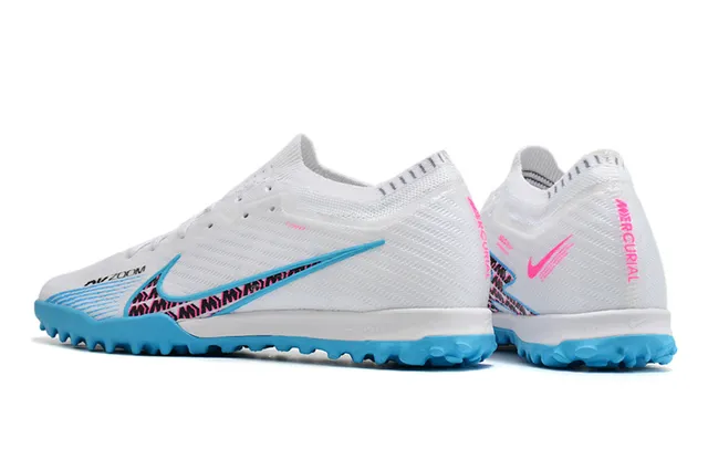 Nike Tênis de futebol turf com upper de tricô branco e azul, colar de ajuste dinâmico 4