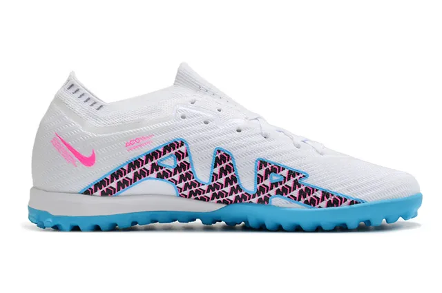 Nike Tênis de futebol turf com upper de tricô branco e azul, colar de ajuste dinâmico 5