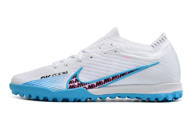 Nike Tênis de futebol turf com upper de tricô branco e azul, colar de ajuste dinâmico 6