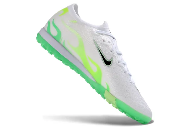 Nike White Green Low-Cut Knit Upper Neon Flame Graphic Turf Soccer Shoes 2