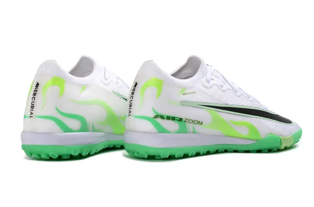 Nike White Green Low-Cut Knit Upper Neon Flame Graphic Turf Soccer Shoes 5