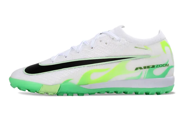 Nike White Green Low-Cut Knit Upper Neon Flame Graphic Turf Soccer Shoes 6