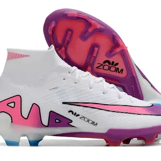 Nike Chaussures de football blanc rose coupe haute Flyknit empeigne graphique dégradé Swoosh terrain ferme