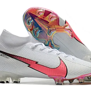 Nike White Pink High-Cut Sock-Fit Collar Iridescent Holographic Heel Plate Firm-Ground Soccer Shoes