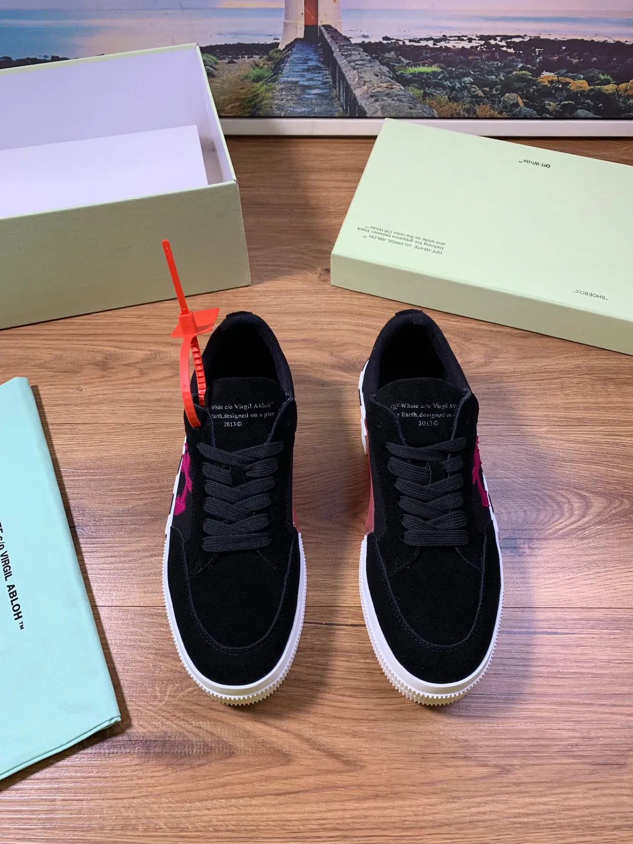 Off-White Black Red Suede Upper Diagonal Arrow Logo Lifestyle Sneakers 9