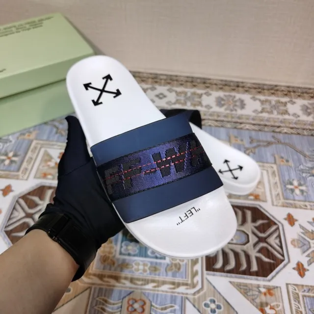 Off-White Slide 白色和海军蓝 编织带拖鞋 2