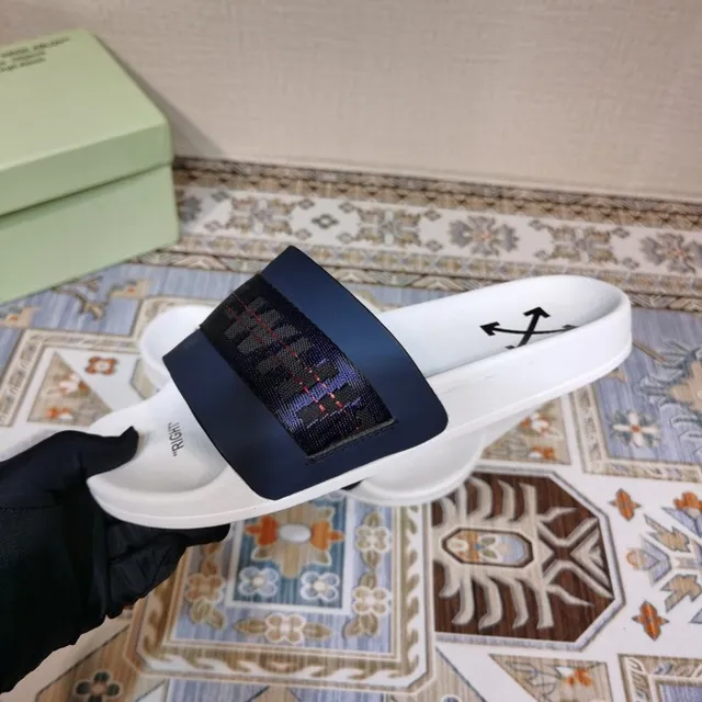 Off-White Slide 白色和海军蓝 编织带拖鞋 3