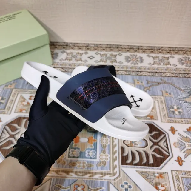 Off-White Slide 白色和海军蓝 编织带拖鞋 4