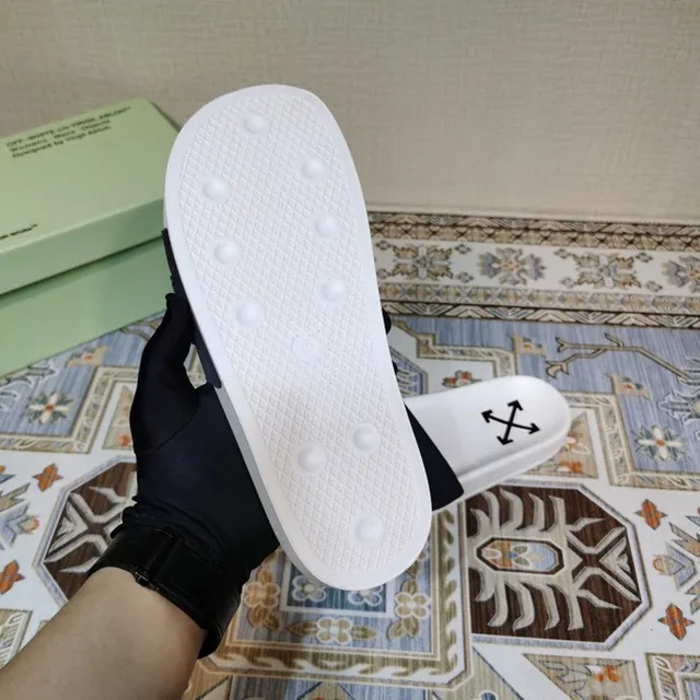 Off-White Slide 白色和海军蓝 编织带拖鞋 5