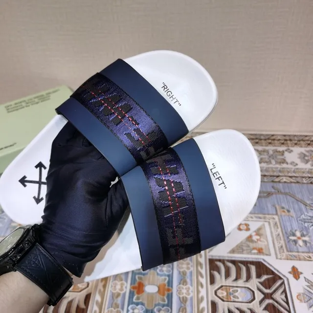 Off-White Slide 白色和海军蓝 编织带拖鞋 6