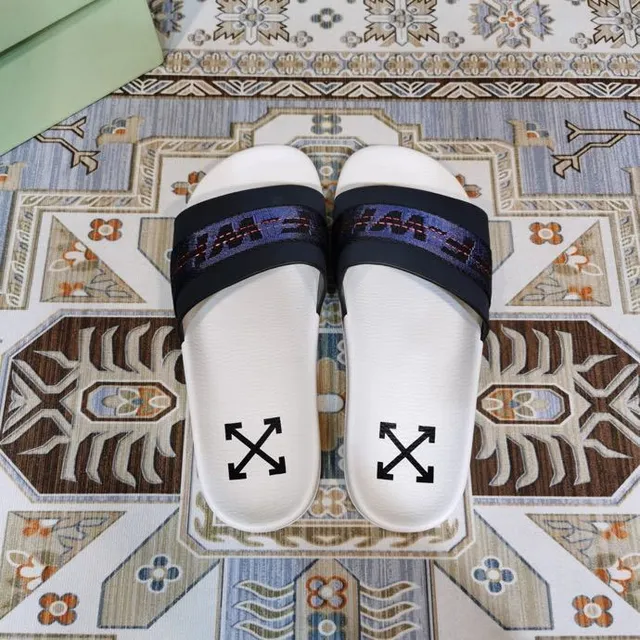 Off-White Slide 白色和海军蓝 编织带拖鞋 7