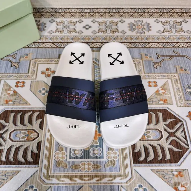Off-White Slide 白色和海军蓝 编织带拖鞋 8