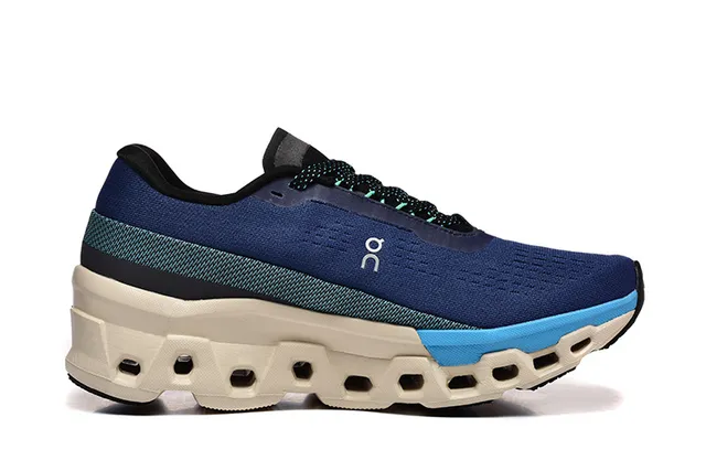 On Cloudmonster Navy Blue Cyan Cream Running Shoes 3