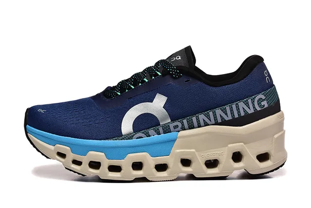 On Cloudmonster Navy Blue Cyan Cream Running Shoes 4