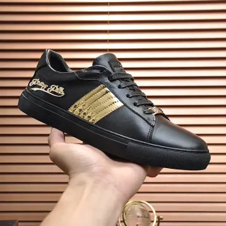 Philipp Plein Black and Gold Stripe Leather Lifestyle Sneaker