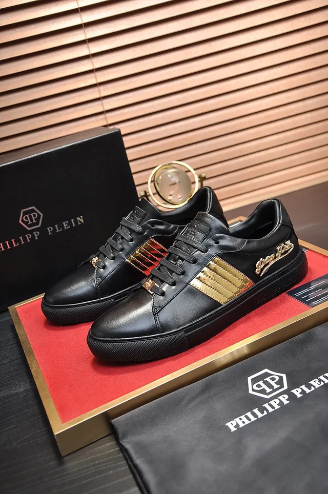 Philipp Plein حذاء جلد أسود وذهبي بالأشرطة للأسلوب الحياة 6