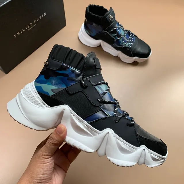 Philipp Plein কালো নীল উঁচু টপ রুচড কলার চাঙ্কি স্নিকার 5