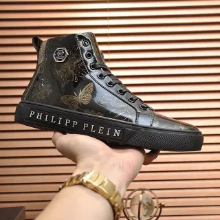 Philipp Plein Black Gold High-Top Glossy Patent-Like Leather Lifestyle Sneakers
