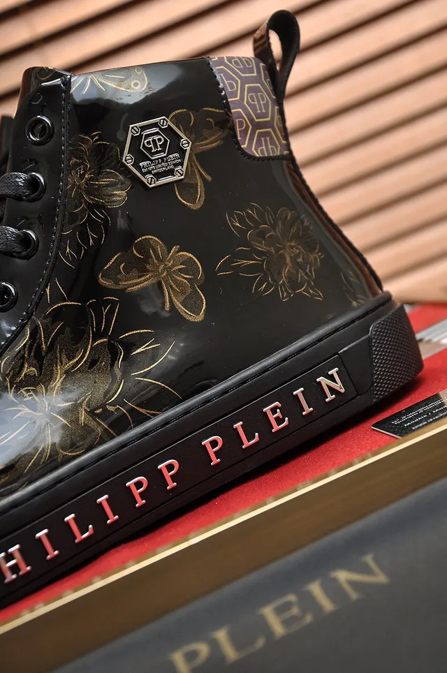 Philipp Plein Black Gold حذاء رياضي أسلوب حياة عالي الارتفاع لامع جلد لامع 2