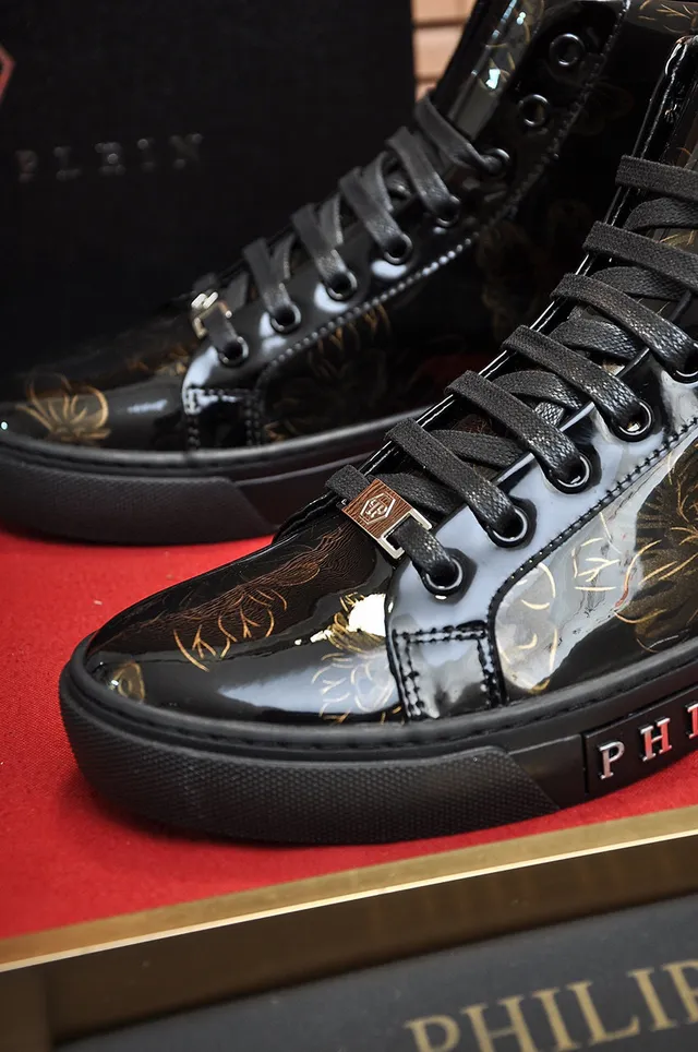 Philipp Plein Black Gold حذاء رياضي أسلوب حياة عالي الارتفاع لامع جلد لامع 3
