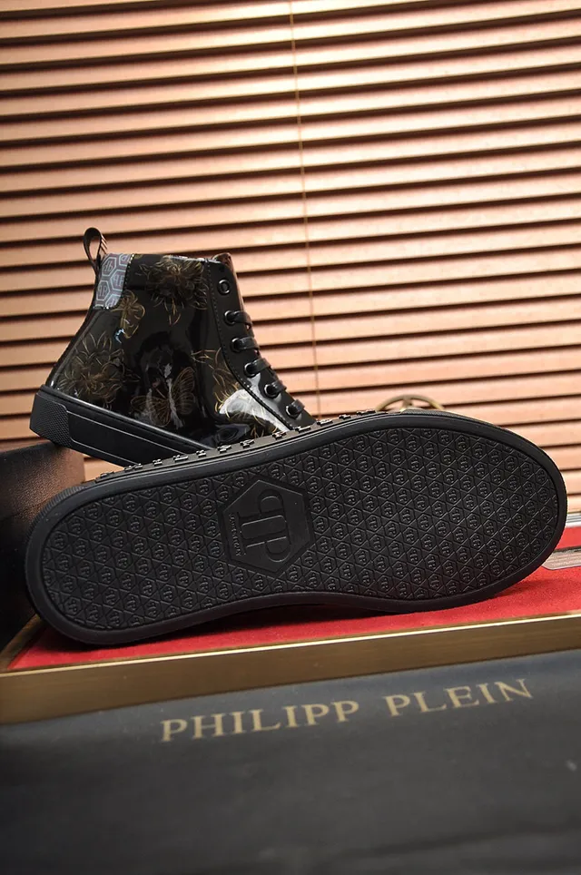 Philipp Plein Black Gold حذاء رياضي أسلوب حياة عالي الارتفاع لامع جلد لامع 4