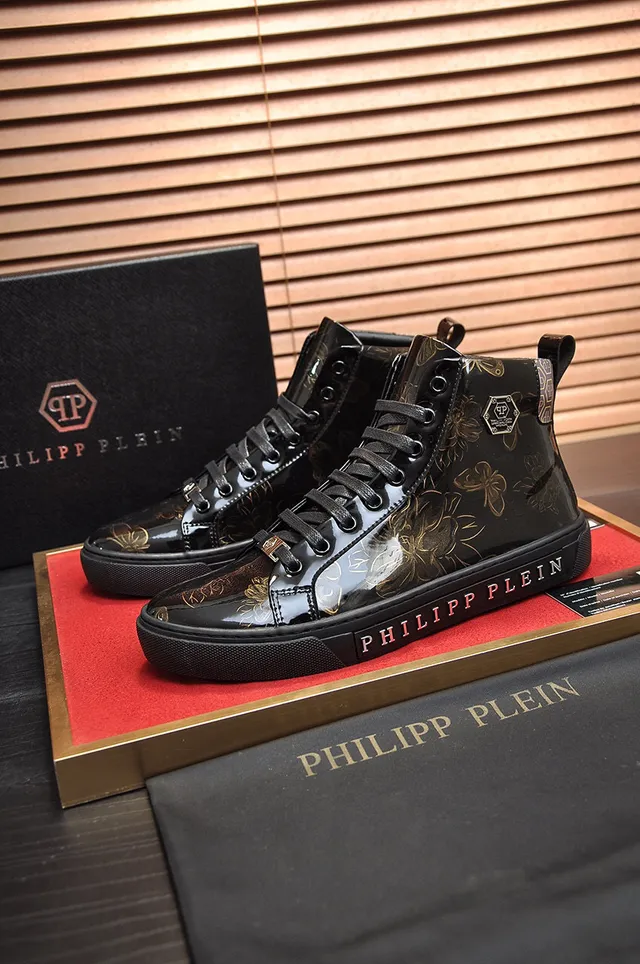 Philipp Plein Black Gold حذاء رياضي أسلوب حياة عالي الارتفاع لامع جلد لامع 6
