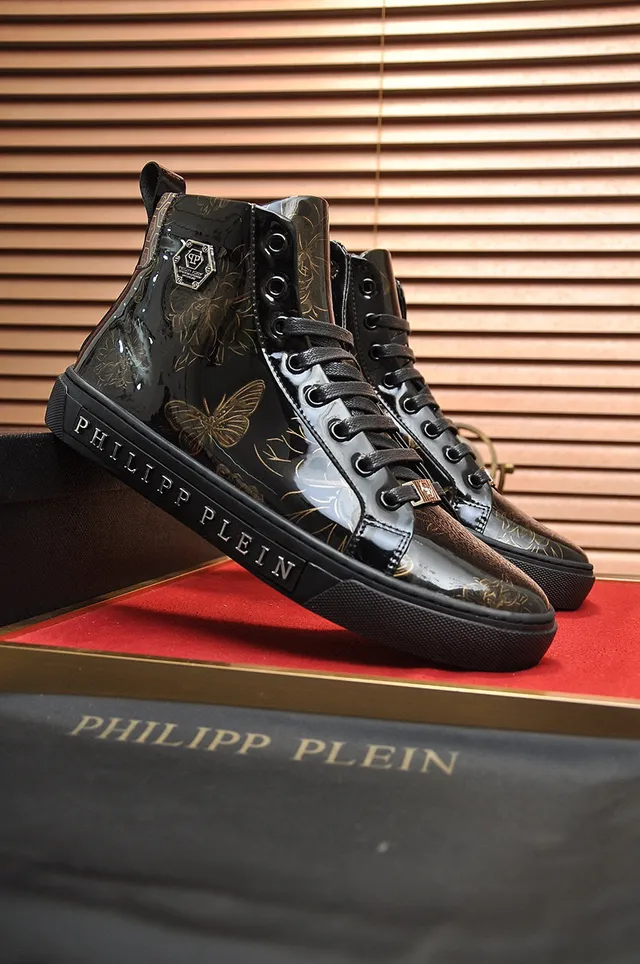 Philipp Plein Black Gold حذاء رياضي أسلوب حياة عالي الارتفاع لامع جلد لامع 7