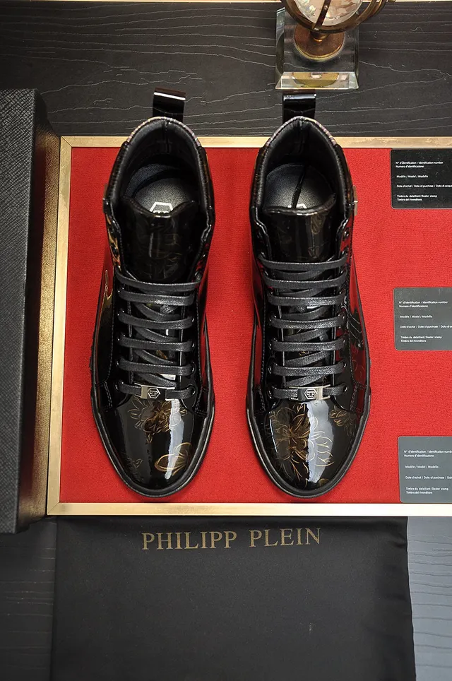 Philipp Plein Black Gold حذاء رياضي أسلوب حياة عالي الارتفاع لامع جلد لامع 8
