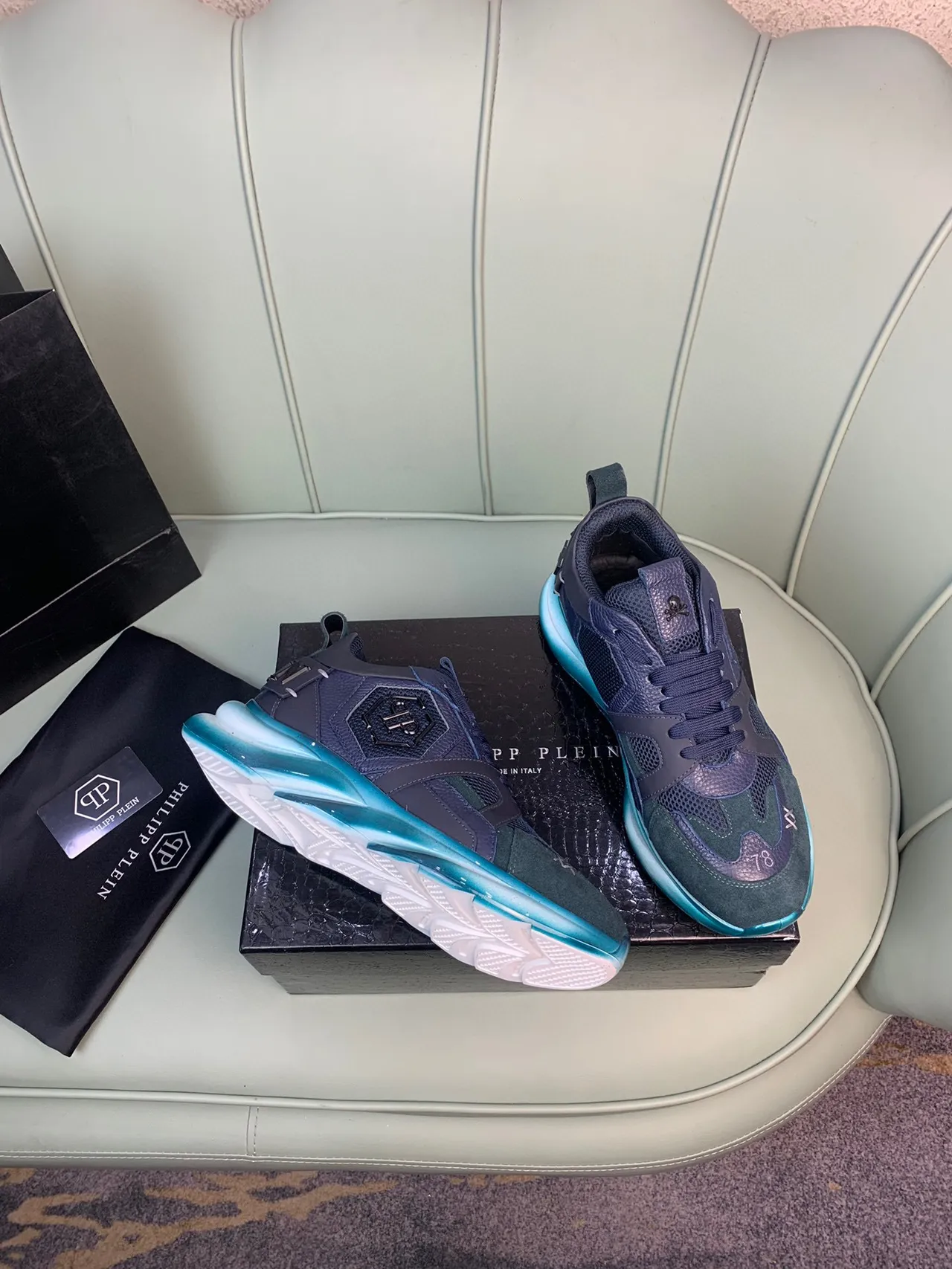 Philipp Plein Blue Green Multi-Material Upper Sculpted Sole Chunky Sneakers 5