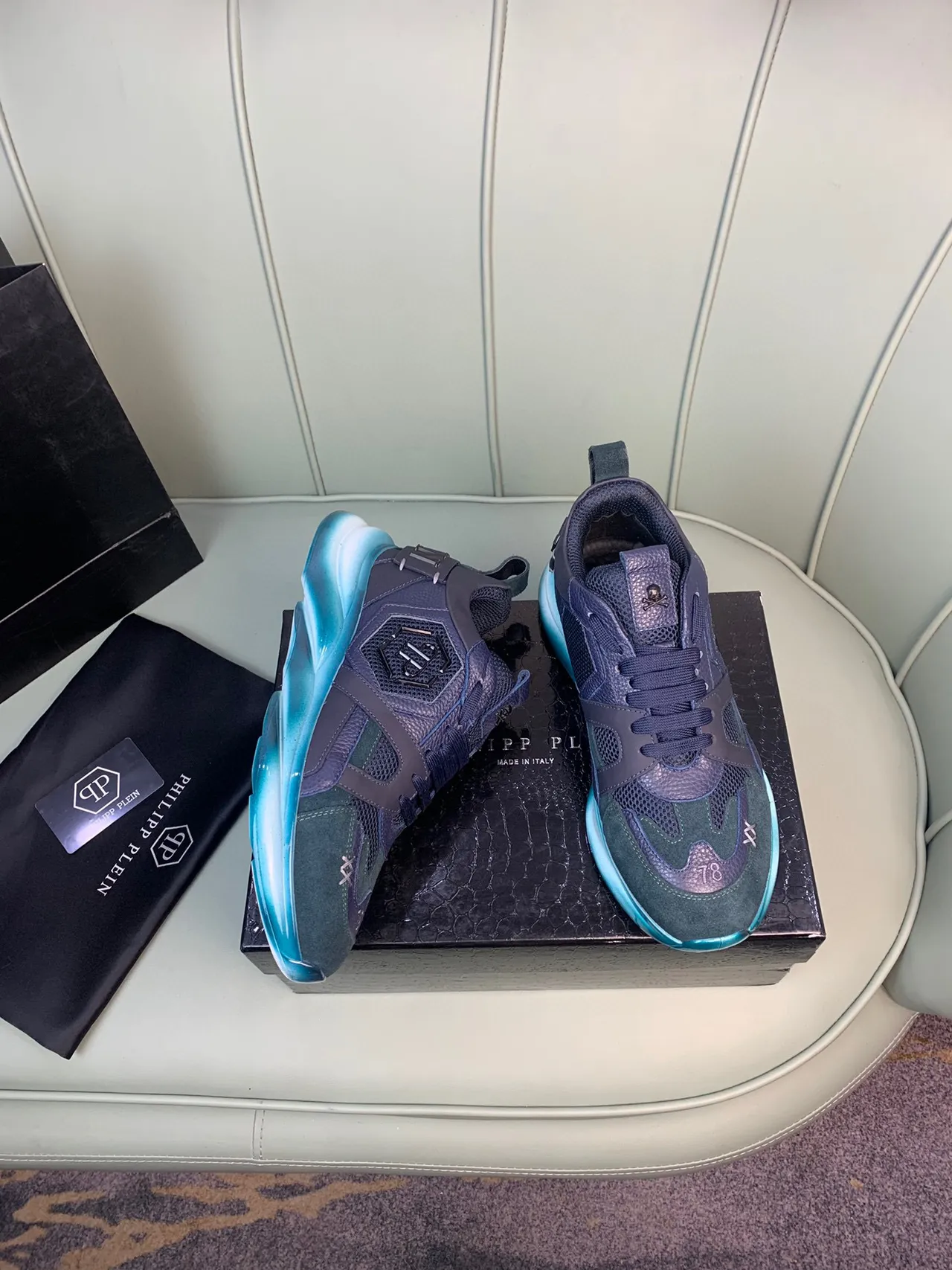 Philipp Plein Blue Green Multi-Material Upper Sculpted Sole Chunky Sneakers 7