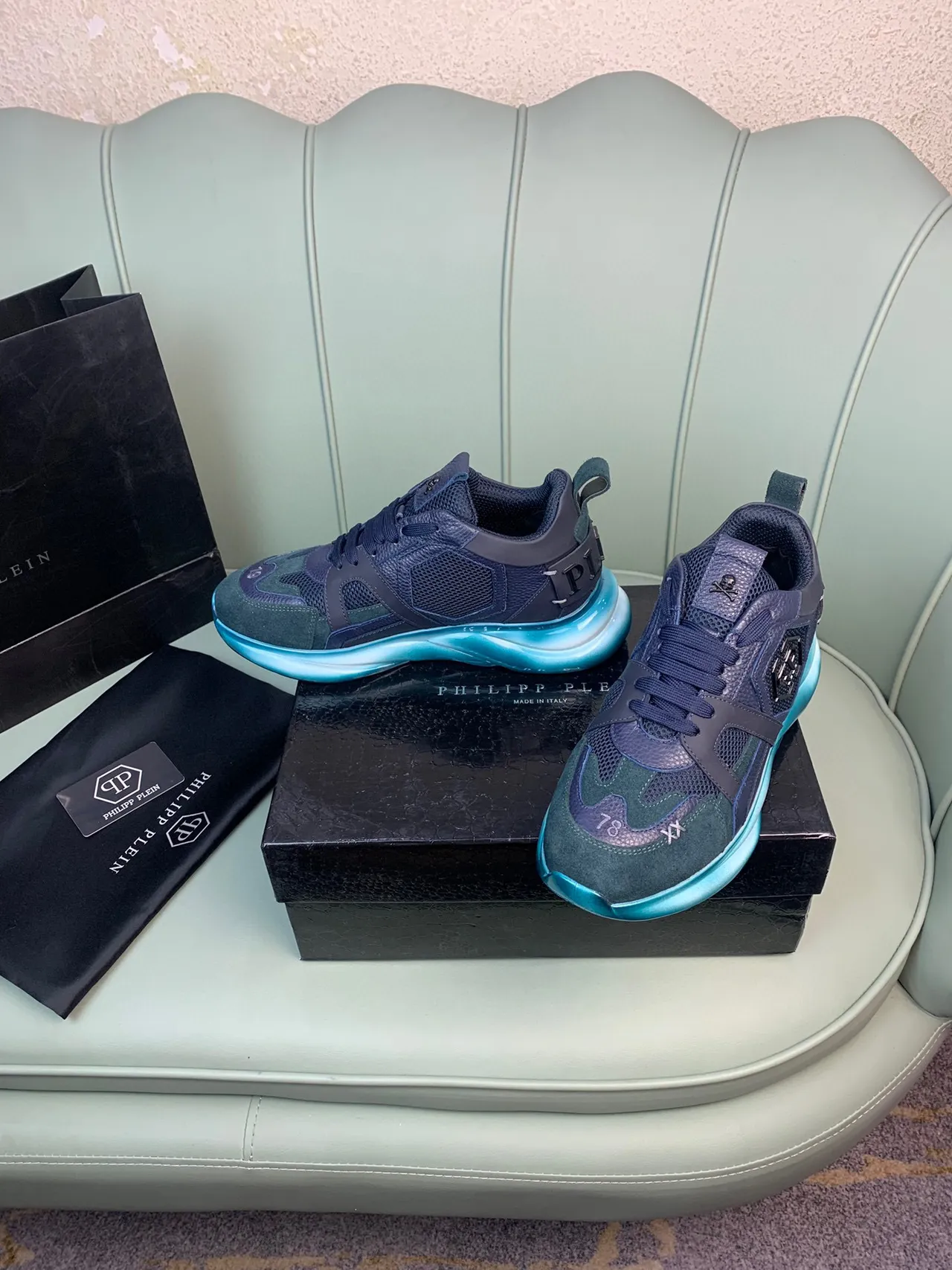 Philipp Plein Blue Green Multi-Material Upper Sculpted Sole Chunky Sneakers 8