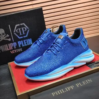 Philipp Plein Blue White Rhinestone-Embellished Knit Upper Sculpted Gradient Midsole Lifestyle Sneakers