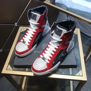 Philipp Plein Crystal-Embellished Red Black White High-Top Sneakers