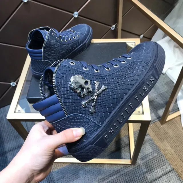 Philipp Plein Navy Silver Sneakers Lifestyle Hautes en Cuir Embossé Crocodile 4