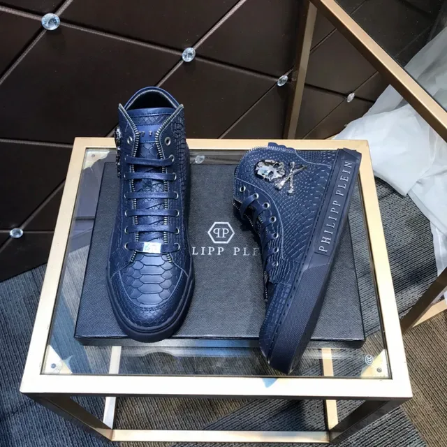 Philipp Plein Navy Silver Sneakers Lifestyle Hautes en Cuir Embossé Crocodile 7