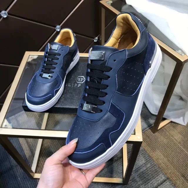 Philipp Plein Navy White Blue Multi-matériau supérieur panneaux cuir perforés sneakers lifestyle 2